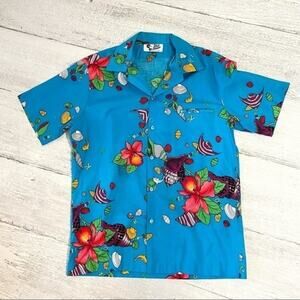 Hilo Hattie Hawaiian Shirt Button Down Blue Floral Vintage Shirt